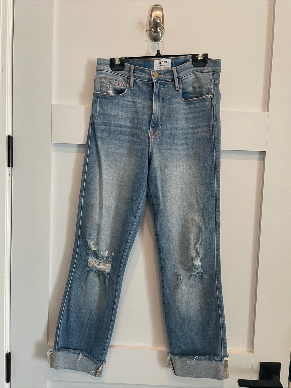 Frame Le Sylvie Slender Straight Leg Jeans with Knee Distressing
